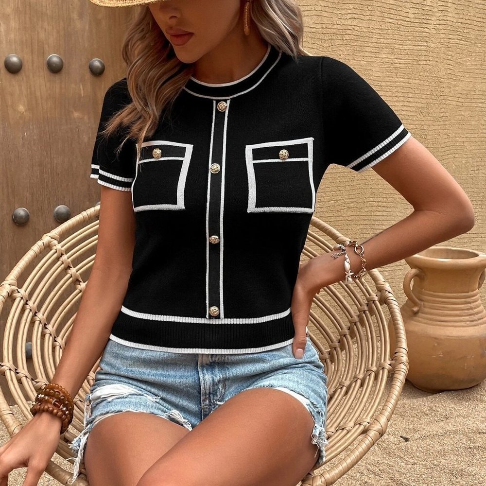 Black Boho Womens Knit Mix Contrast Trim Button Detail Pocket Patched Knit Top - Picture 4 of 5